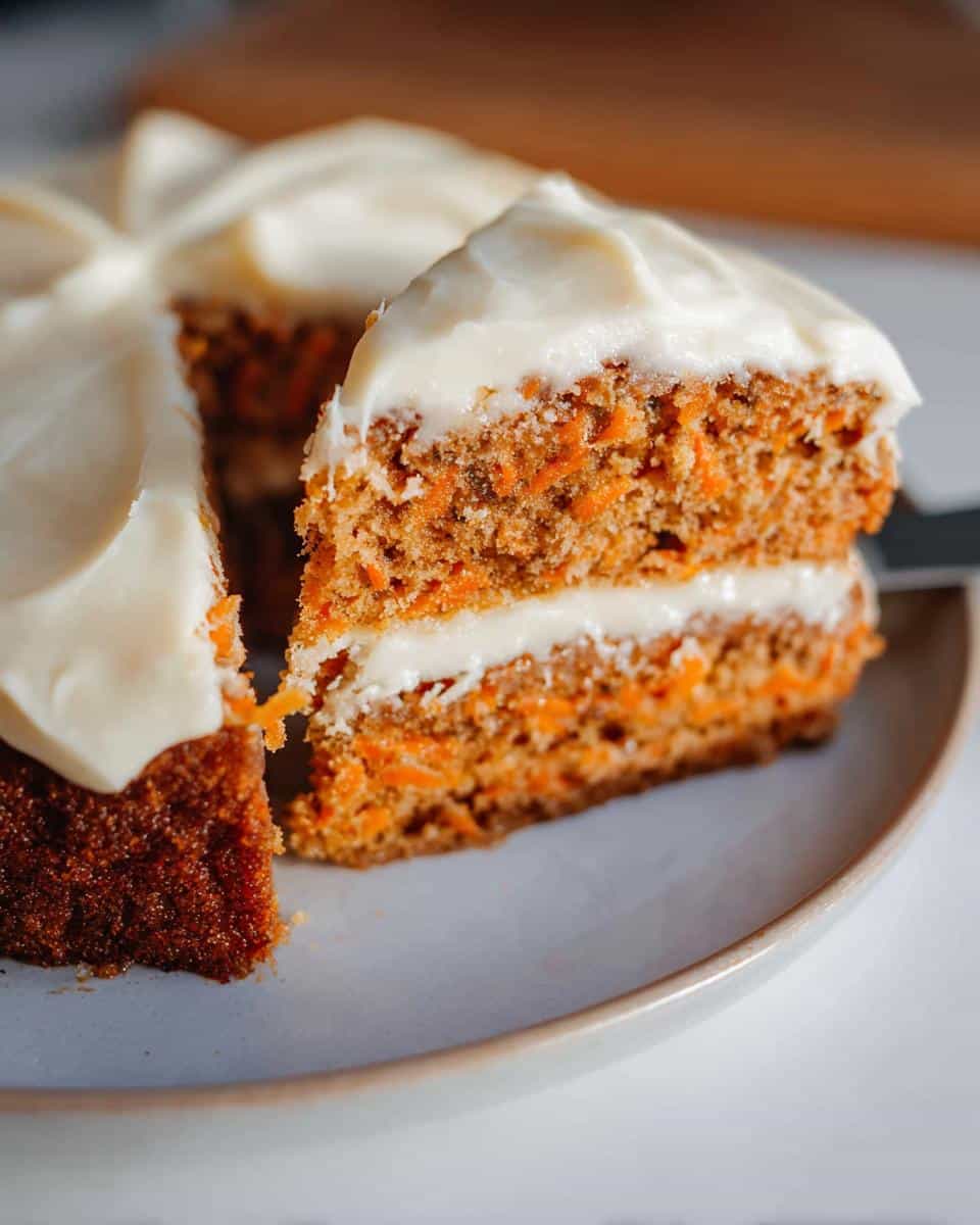 A close-up of a thick slice being lifted from a layered Thermomix Carrot Cake with Cream Cheese Frosting.
