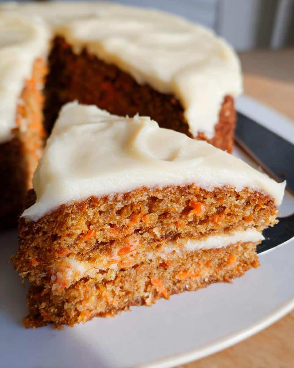 Close-up of a slice of moist Thermomix Carrot Cake with Cream Cheese Frosting, showing the layers.