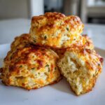 A stack of golden brown Thermomix Cheesy Scones topped with melted cheddar and herbs, one is broken open showing the fluffy interior.