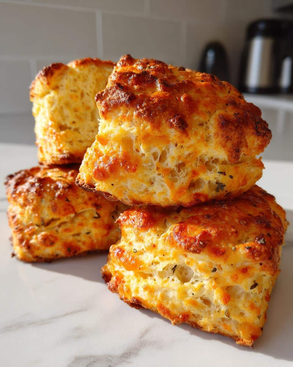 A stack of four golden brown Thermomix Cheesy Scones with visible herbs and melted cheese topping.
