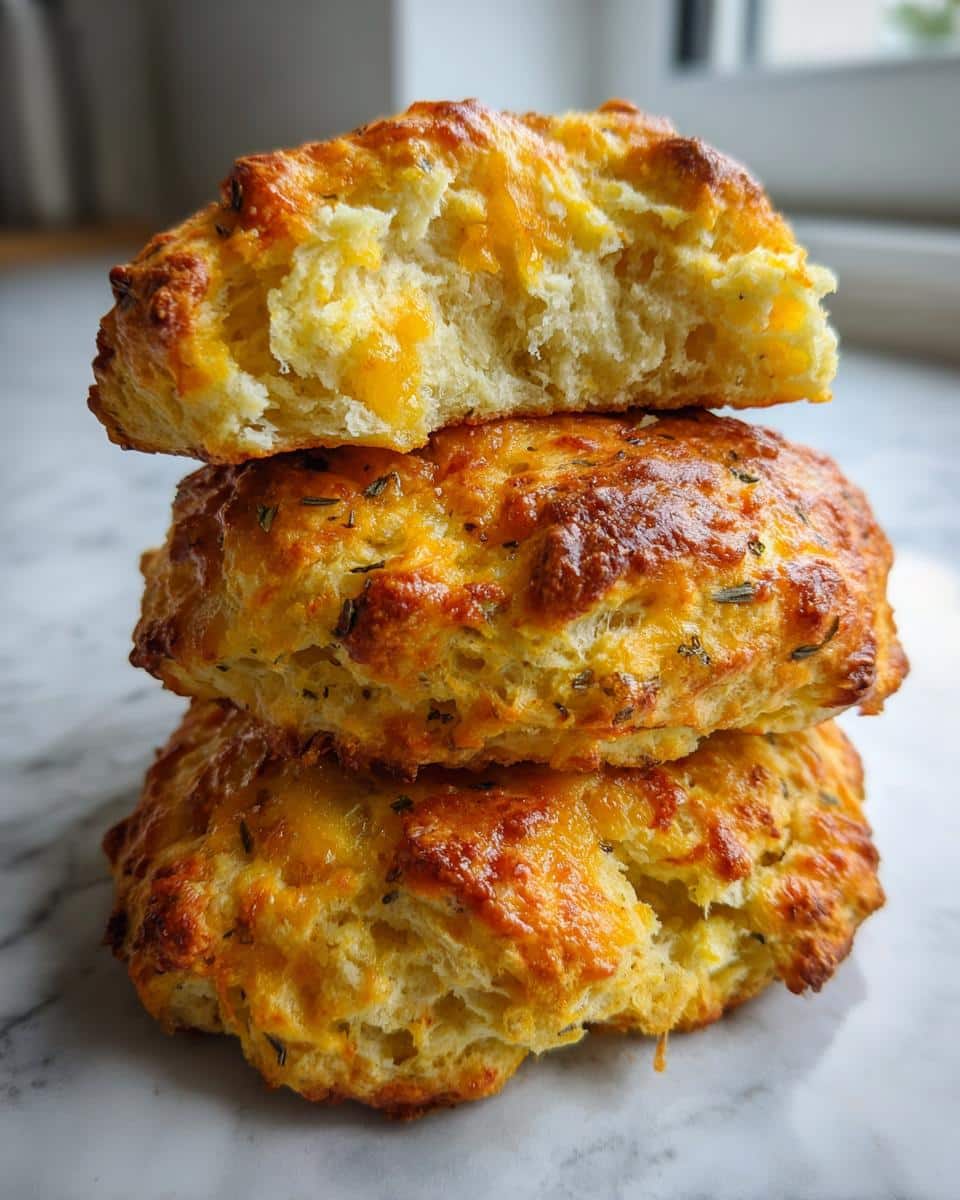 A stack of three golden-brown Thermomix Cheesy Scones, with the top one broken open to show the fluffy interior.