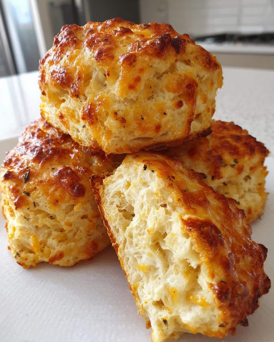 A stack of four golden brown Thermomix Cheesy Scones, one cut open to show the fluffy interior.