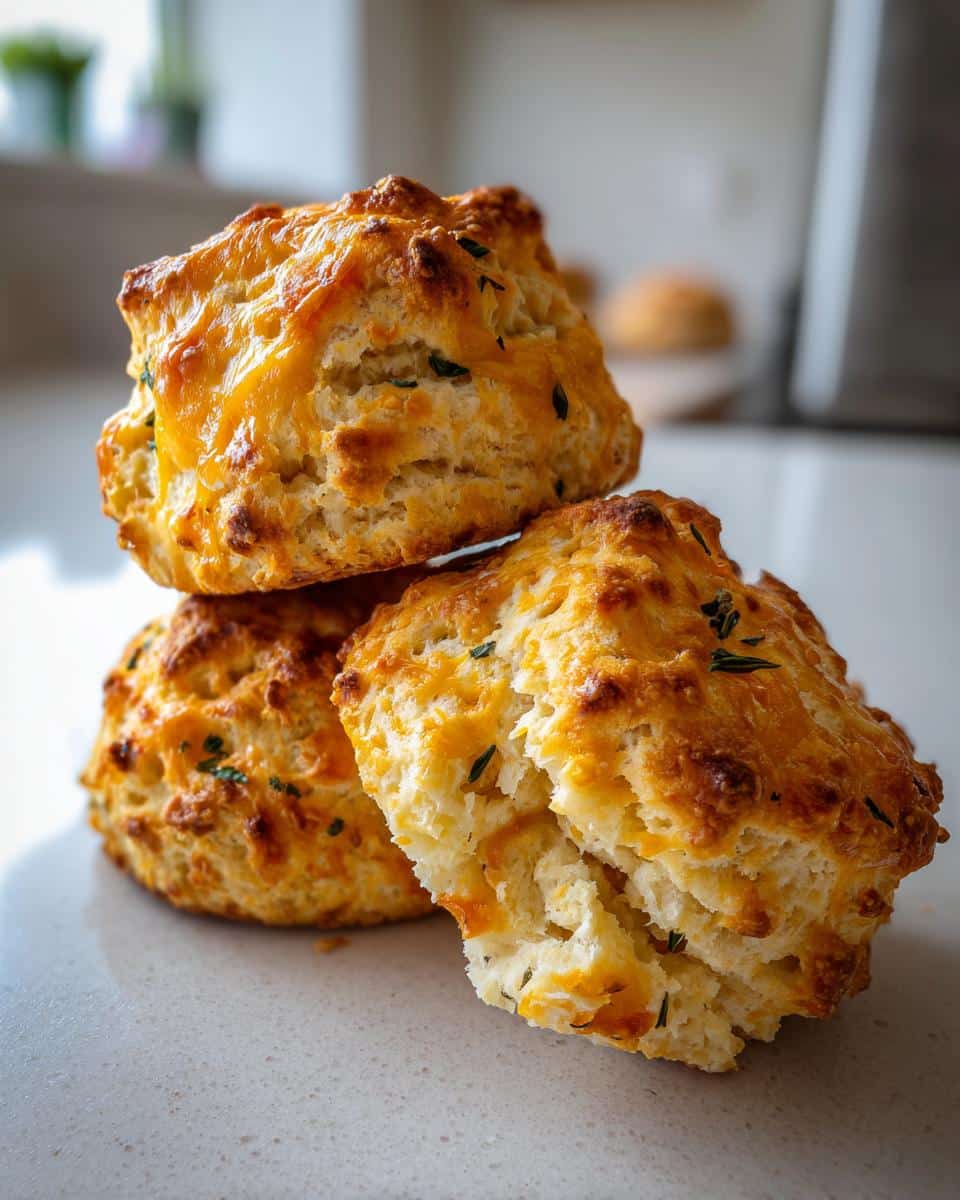 Three golden brown Thermomix Cheesy Scones stacked, one broken open showing the fluffy interior and melted cheese.