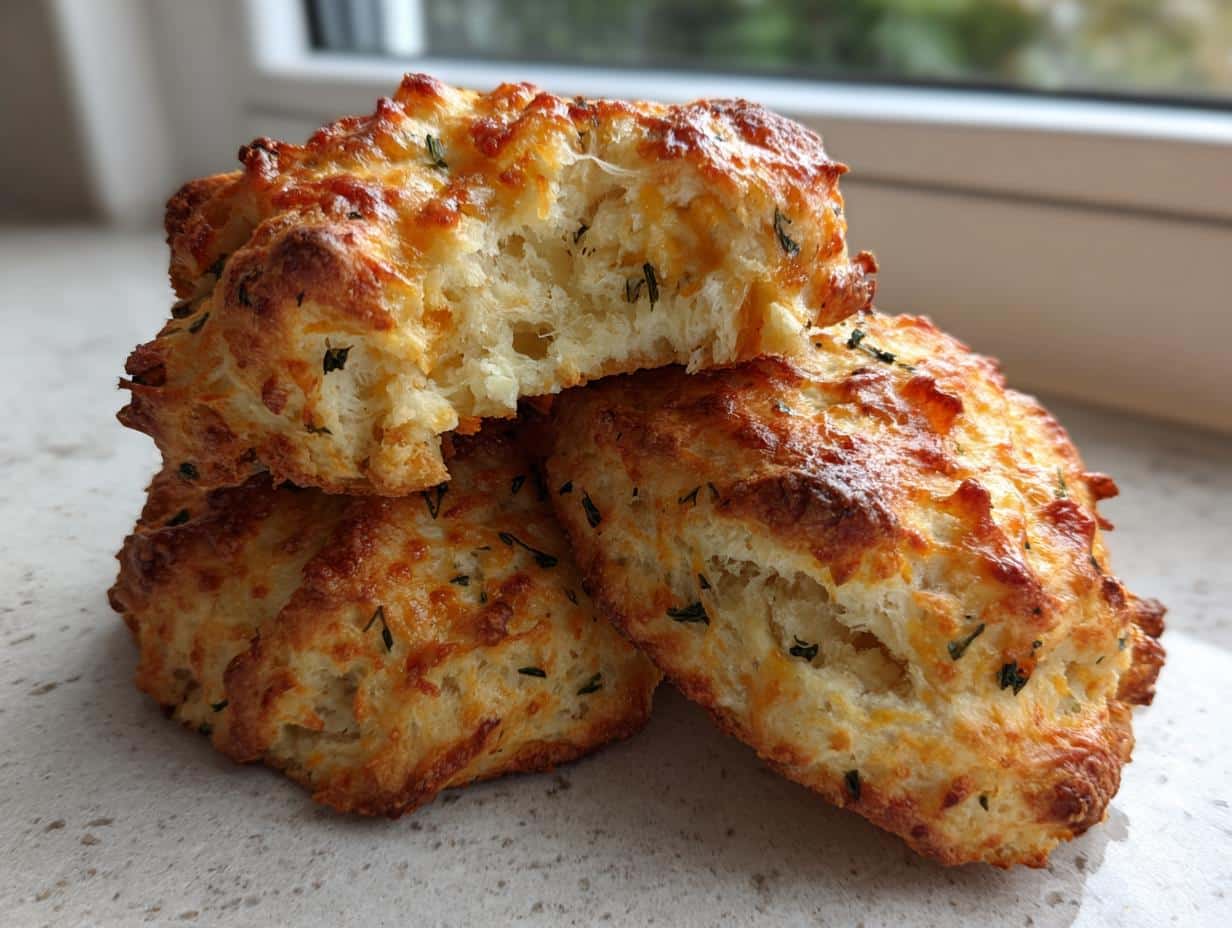 A stack of three golden-brown Thermomix Cheesy Scones, one broken open to show the fluffy interior and melted cheese.