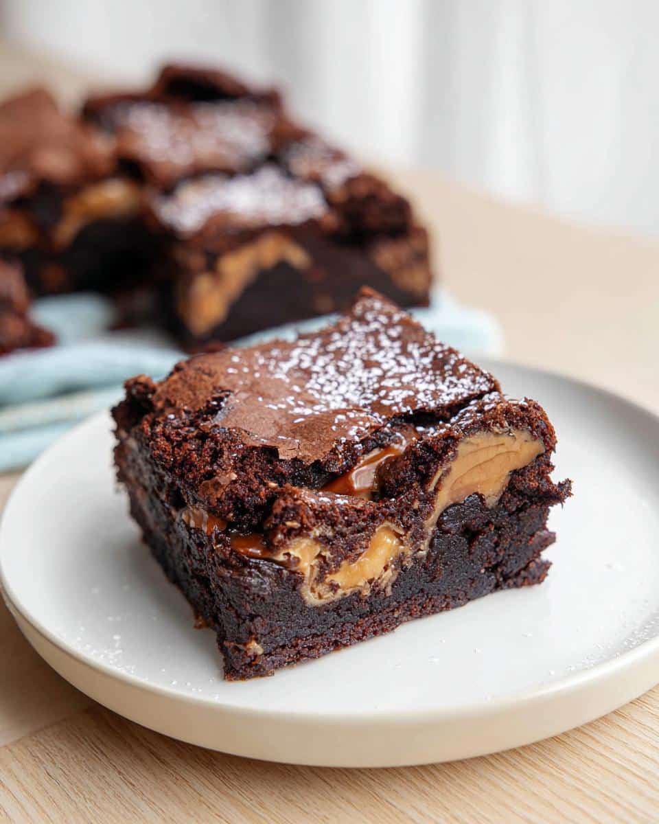 A rich, fudgy Thermomix chocolate caramel brownie square dusted with powdered sugar on a white plate.