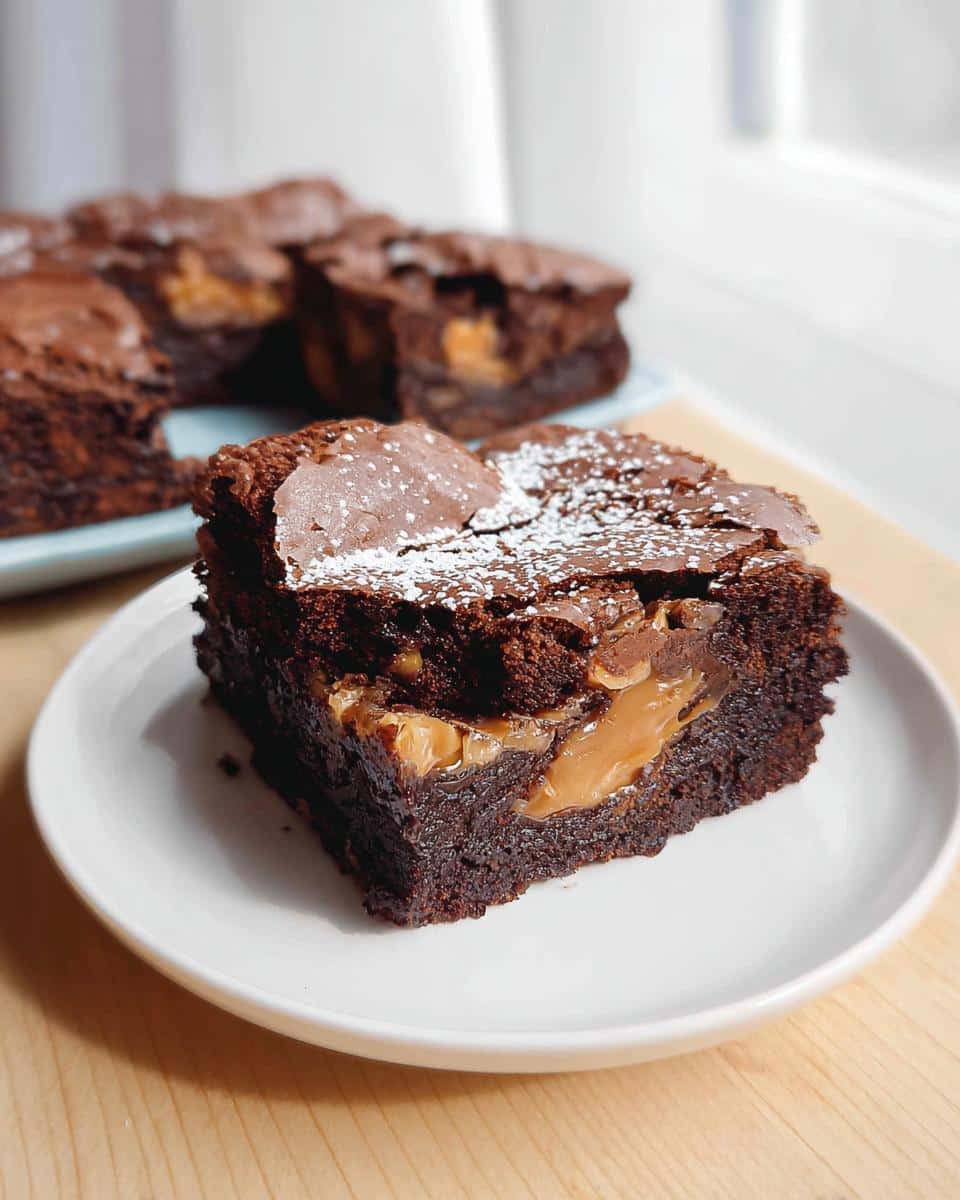 A rich, fudgy Thermomix chocolate caramel brownie square dusted with powdered sugar, showing a gooey caramel center.