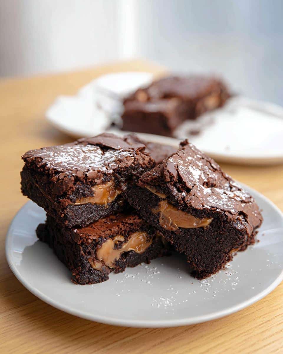 Three rich, dark Thermomix chocolate caramel brownie squares stacked on a white plate, dusted with powdered sugar.