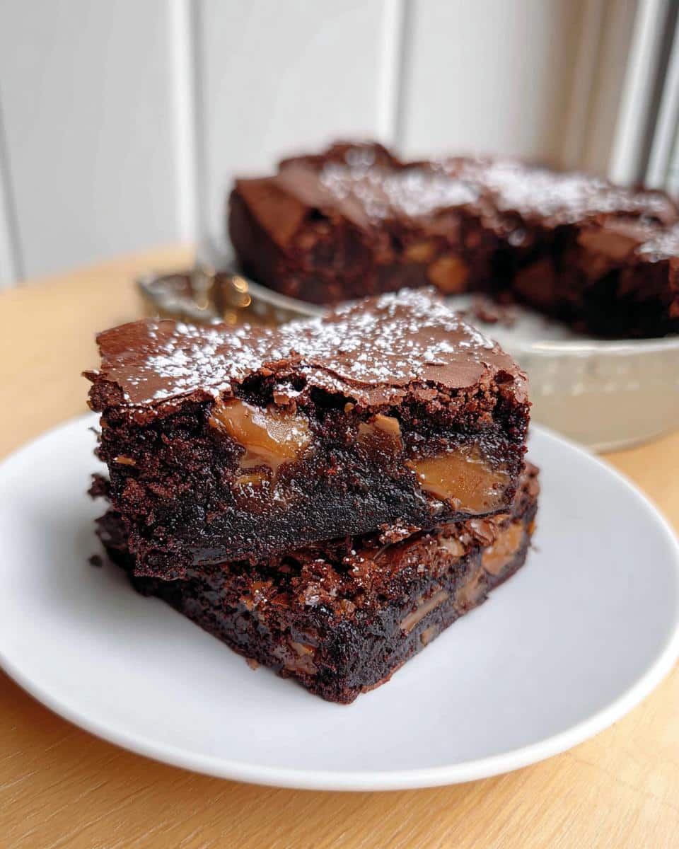 Two stacked squares of rich Thermomix chocolate caramel brownie, dusted with powdered sugar.