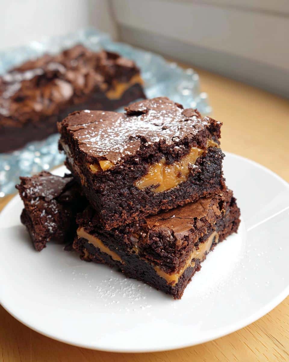 Stack of rich, fudgy Thermomix chocolate caramel brownie squares dusted with powdered sugar.