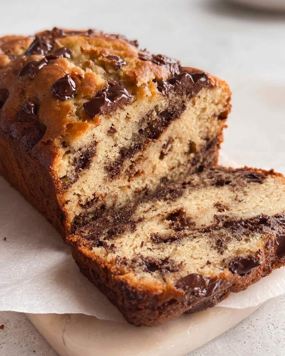 A close-up of a sliced loaf of Thermomix Chocolate Chip Banana Bread showing moist crumb and melted chocolate swirls.
