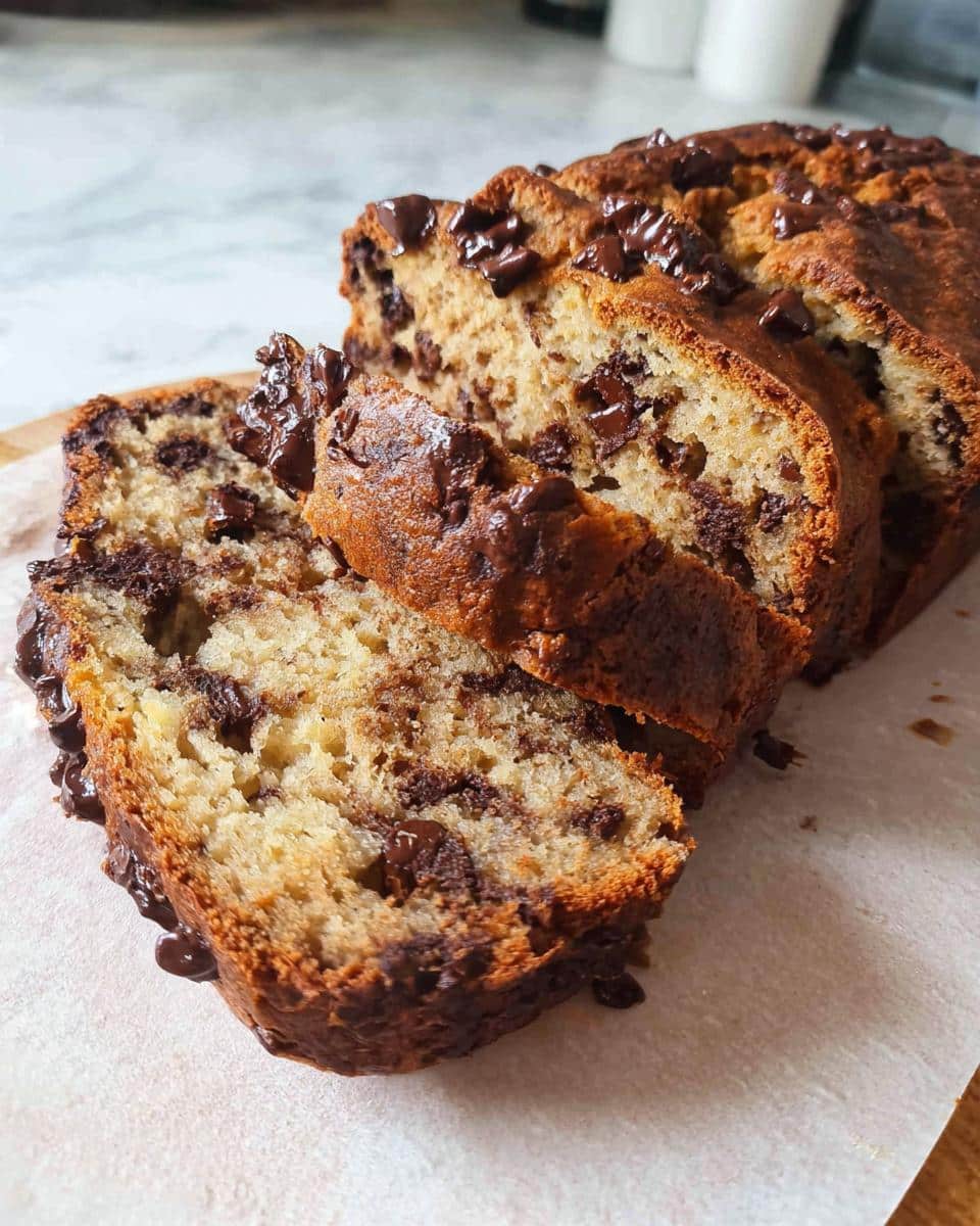 Close-up of a sliced loaf of moist Thermomix Chocolate Chip Banana Bread studded with melted chocolate chunks.