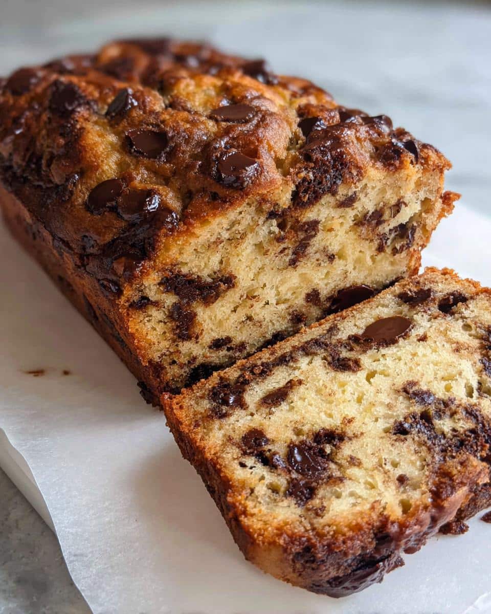 Close-up of a sliced Thermomix Chocolate Chip Banana Bread loaf, showing moist crumb and melted chocolate.