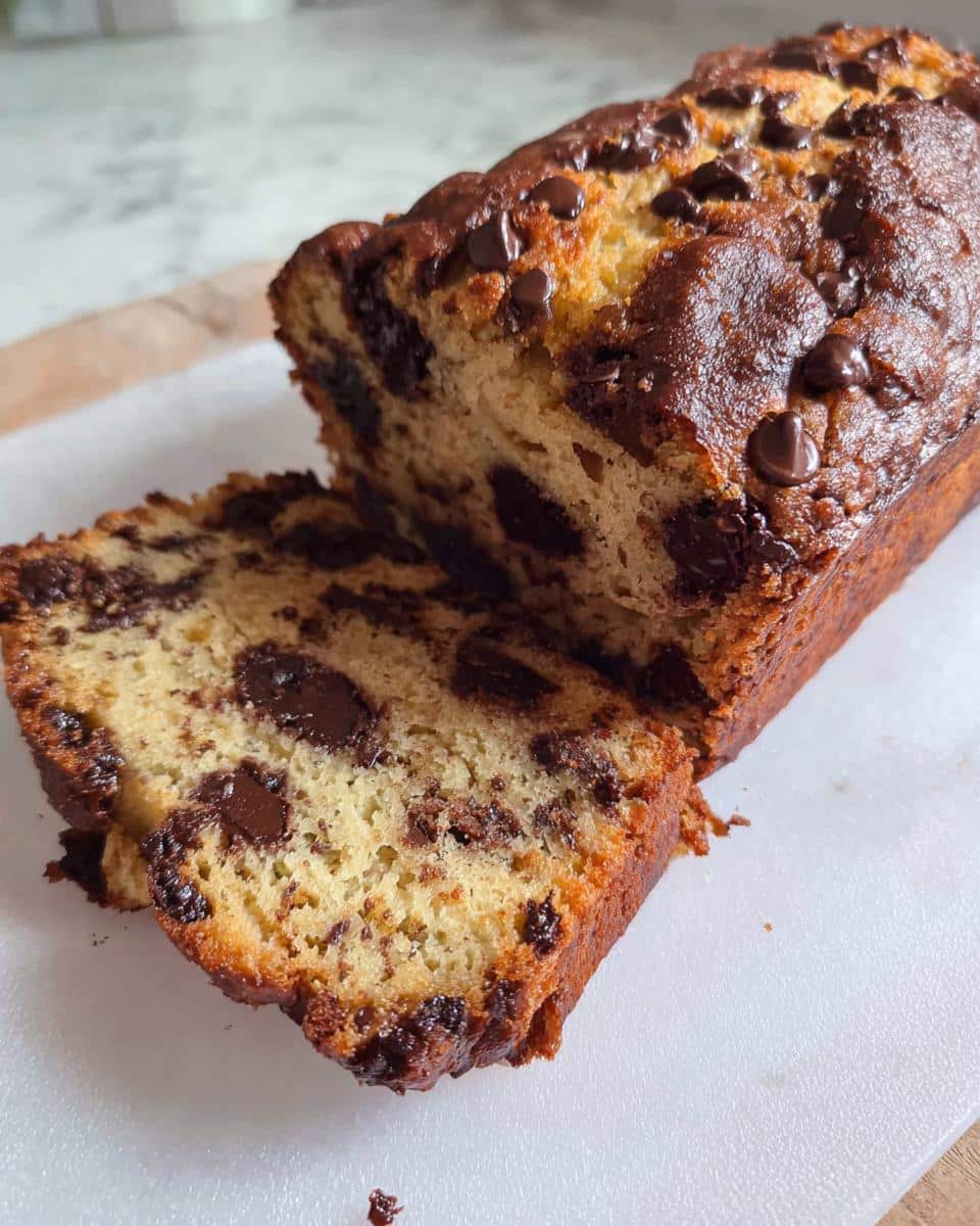 A freshly baked loaf of Thermomix Chocolate Chip Banana Bread, sliced to show the moist interior packed with chocolate chips.