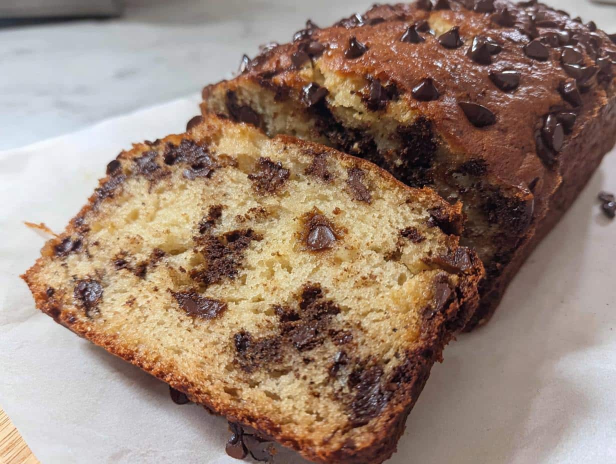 A close-up of a sliced Thermomix Chocolate Chip Banana Bread loaf, rich with melted chocolate chips throughout the moist crumb.