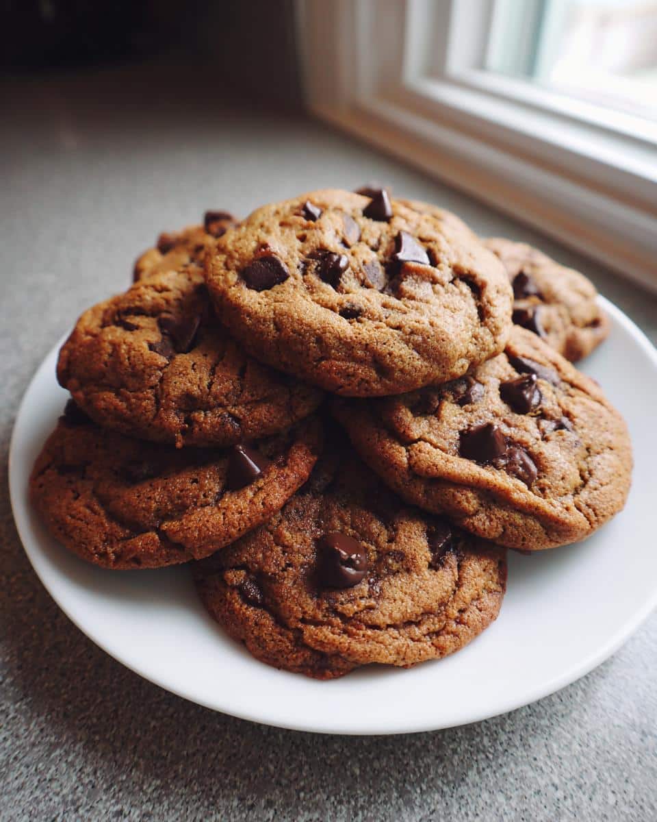 A stack of freshly baked, chewy Thermomix Chocolate Chip Cookies loaded with chocolate chunks on a white plate.