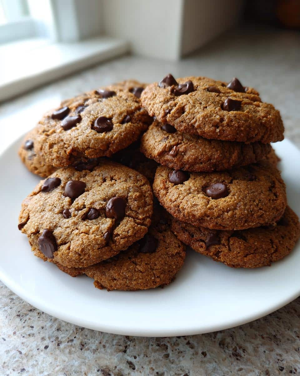 A stack of freshly baked Thermomix Chocolate Chip Cookies piled high on a white plate.