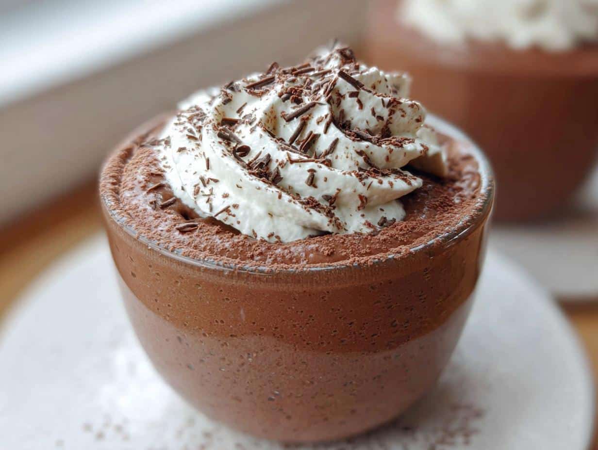 Close-up of a rich Thermomix Chocolate Mousse Cup topped with whipped cream and chocolate shavings.