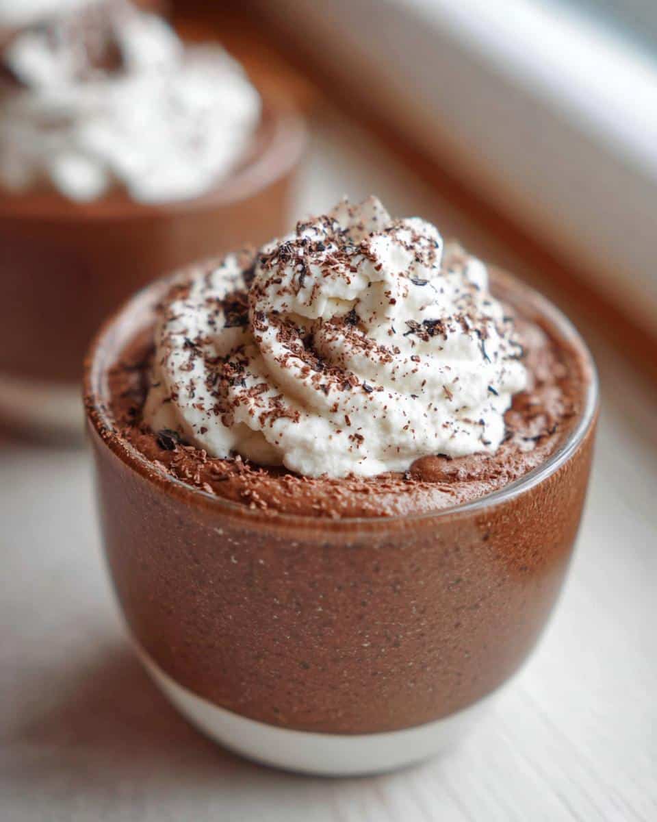 A close-up of a rich Thermomix Chocolate Mousse Cup topped with whipped cream and chocolate shavings.