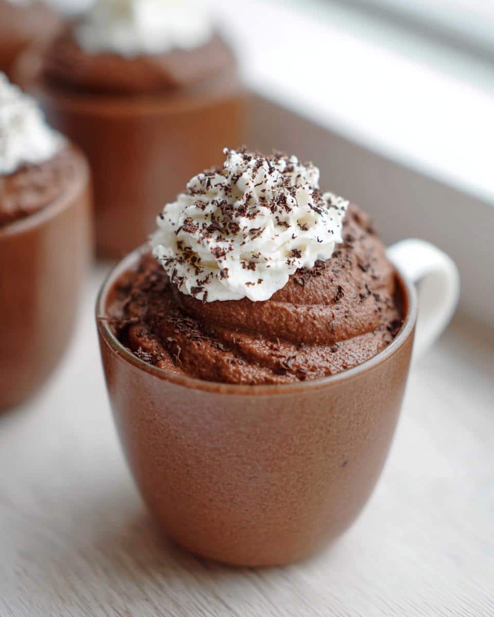 A rich, dark chocolate mousse served in a small brown cup, topped with whipped cream and chocolate shavings, part of Thermomix Chocolate Mousse Cups.