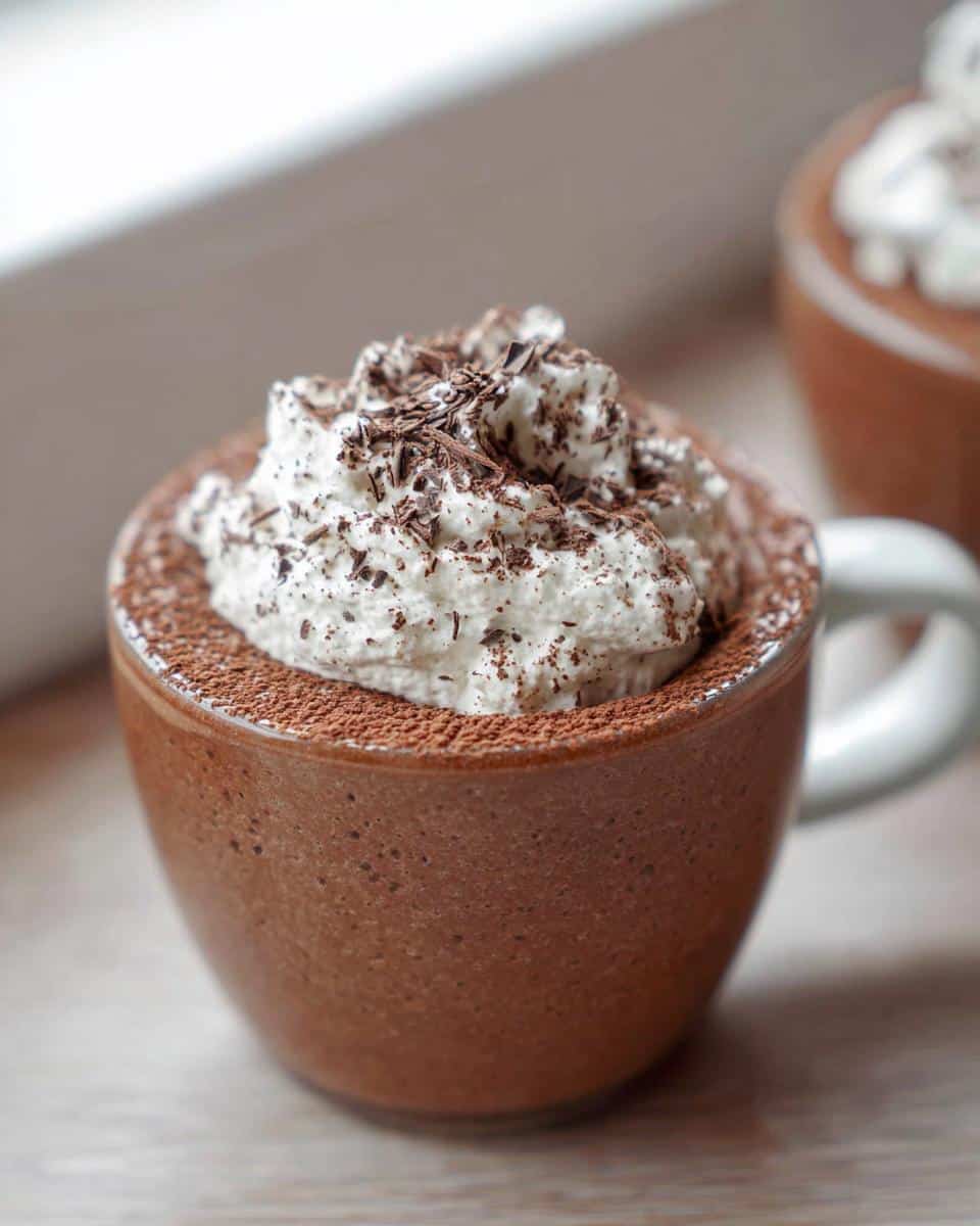 Close-up of a Thermomix Chocolate Mousse Cups topped with whipped cream and chocolate shavings.