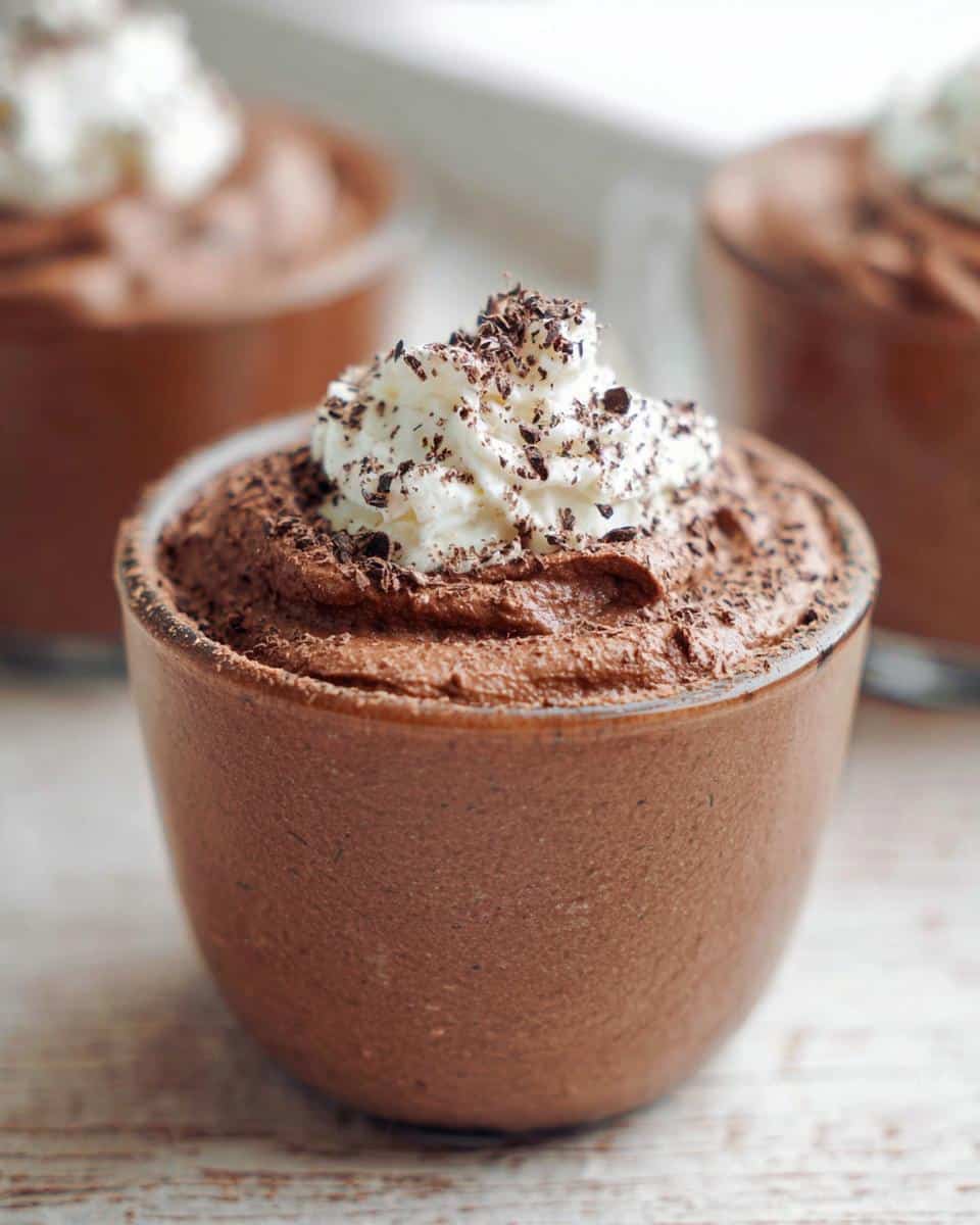 Close-up of a Thermomix Chocolate Mousse Cups serving, topped with whipped cream and chocolate shavings.