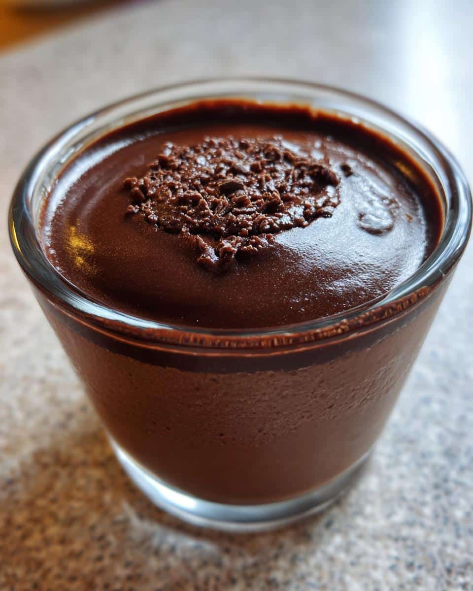 Close-up of a single serving of rich, dark Thermomix Chocolate Pots de Crème topped with chocolate shavings.