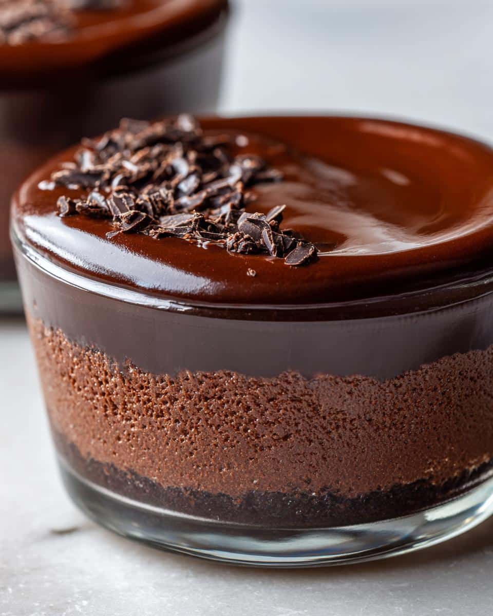 Close-up of a rich Thermomix Chocolate Pots de Crème in a glass, topped with ganache and chocolate shavings.