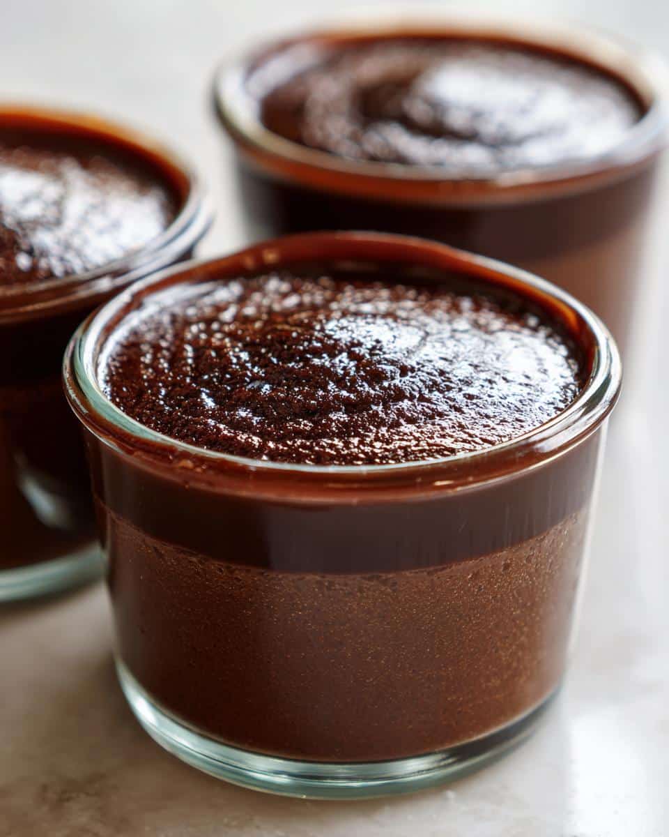 Three small glass ramekins filled with rich, dark Thermomix Chocolate Pots de Crème, showing a slightly textured top layer.