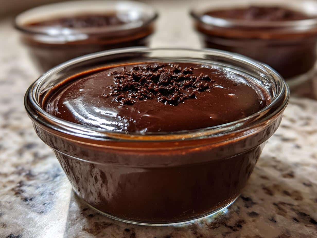 Close-up of a glass ramekin filled with smooth, rich Thermomix Chocolate Pots de Crème, topped with chocolate crumbles.