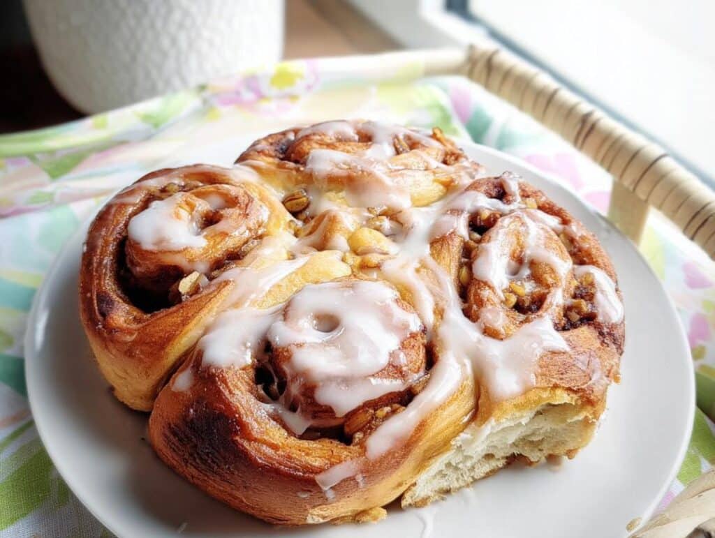 Close-up of a soft, golden Thermomix Cinnamon Scroll topped with white icing and nuts.