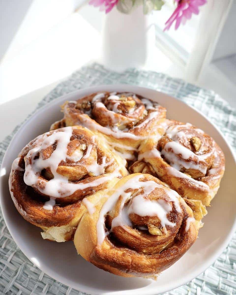 Four freshly baked Thermomix Cinnamon Scrolls drizzled with white icing, resting on a white plate.