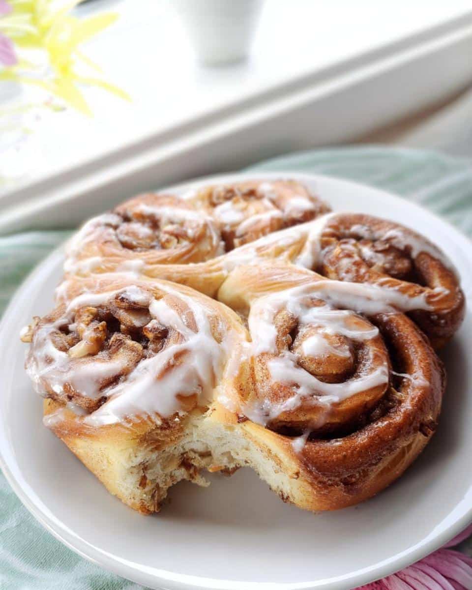 A cluster of soft, freshly baked Thermomix Cinnamon Scrolls drizzled with white icing on a white plate.