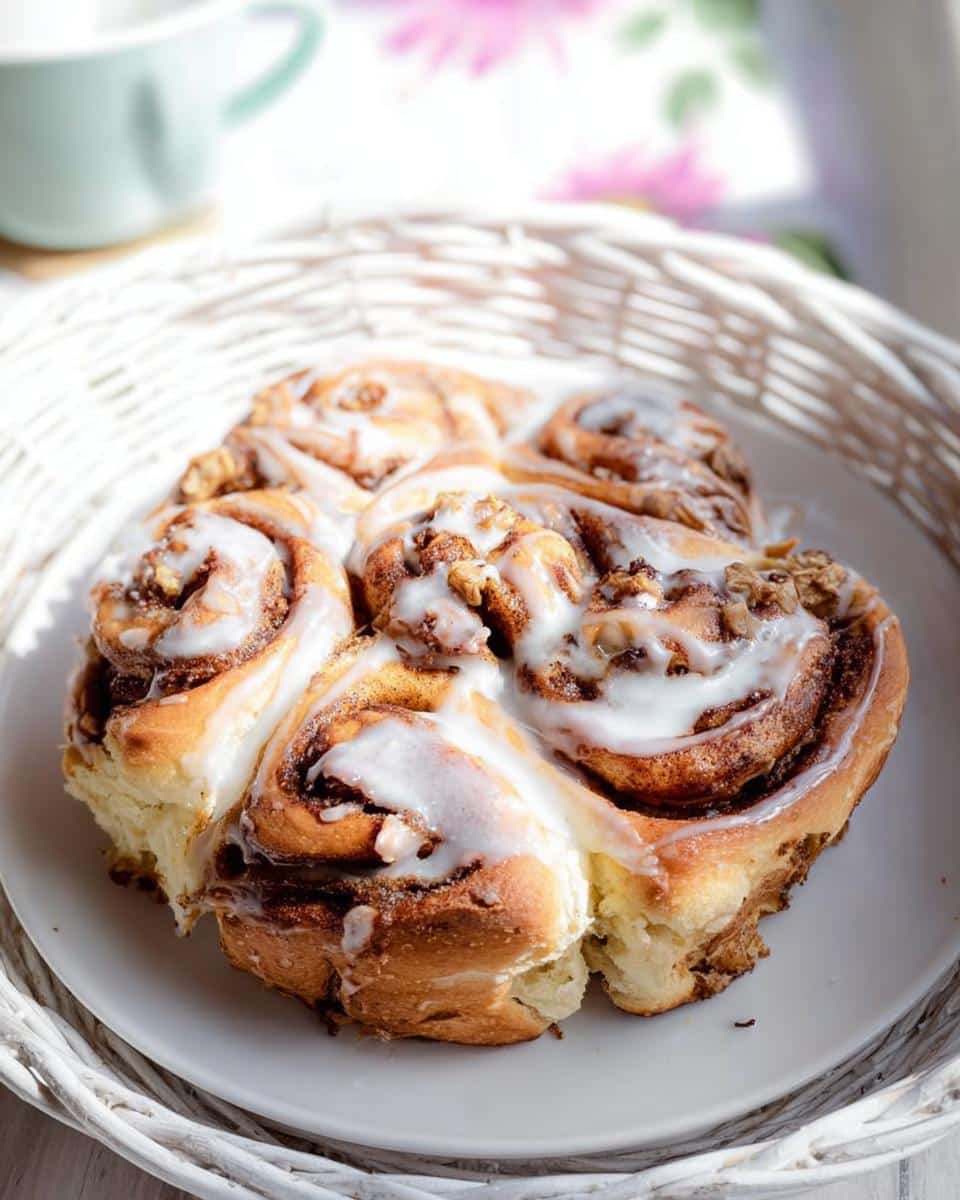 A cluster of soft Thermomix Cinnamon Scrolls topped with sweet white icing and walnuts, served on a white plate.