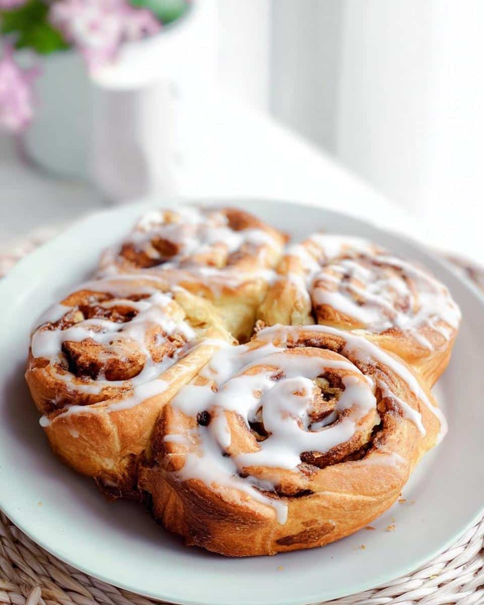 Four freshly baked Thermomix Cinnamon Scrolls covered in thick white icing, served on a light blue plate.