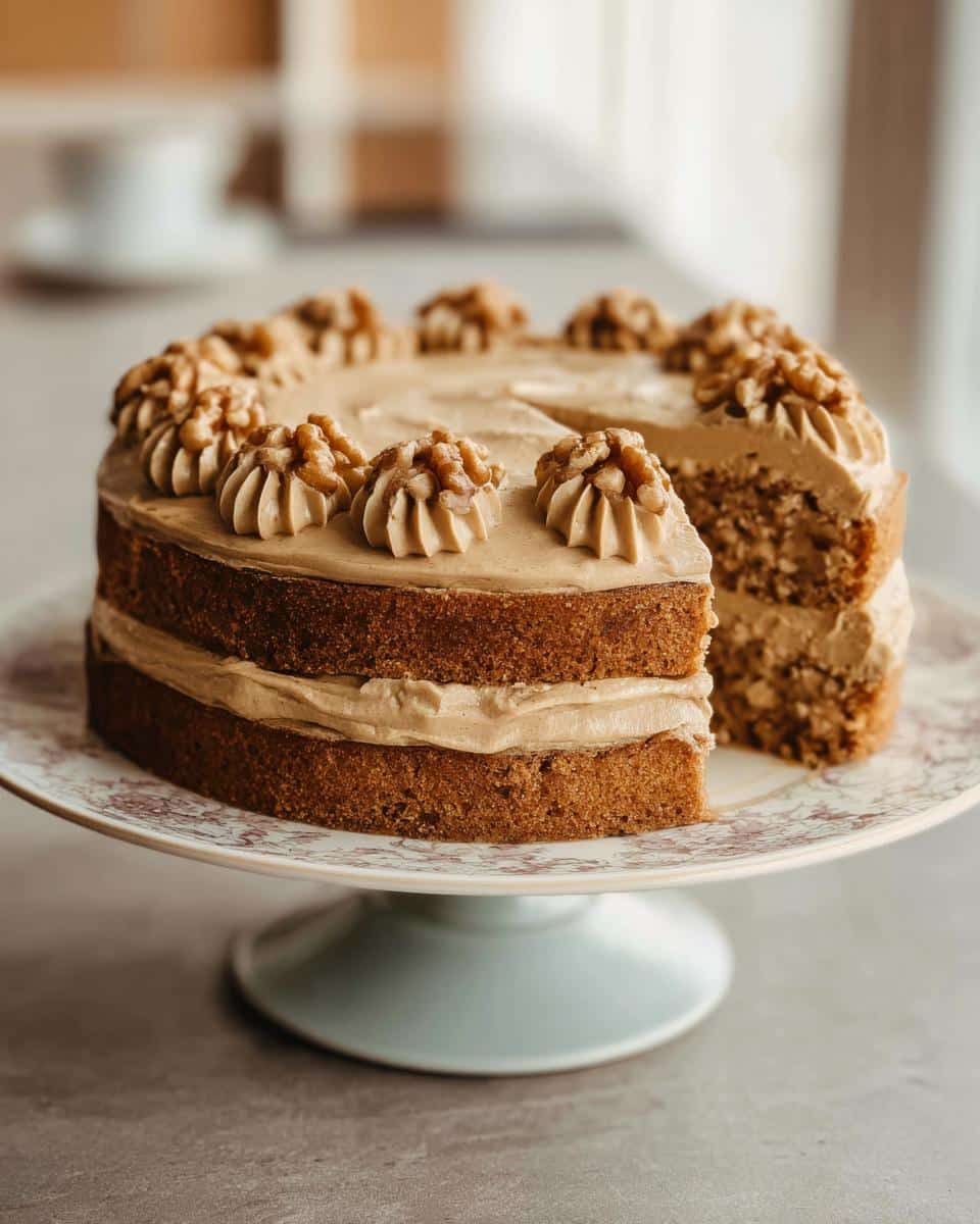 A two-layer Thermomix Coffee Walnut Cake with coffee buttercream and walnut topping, displayed on a vintage cake stand.
