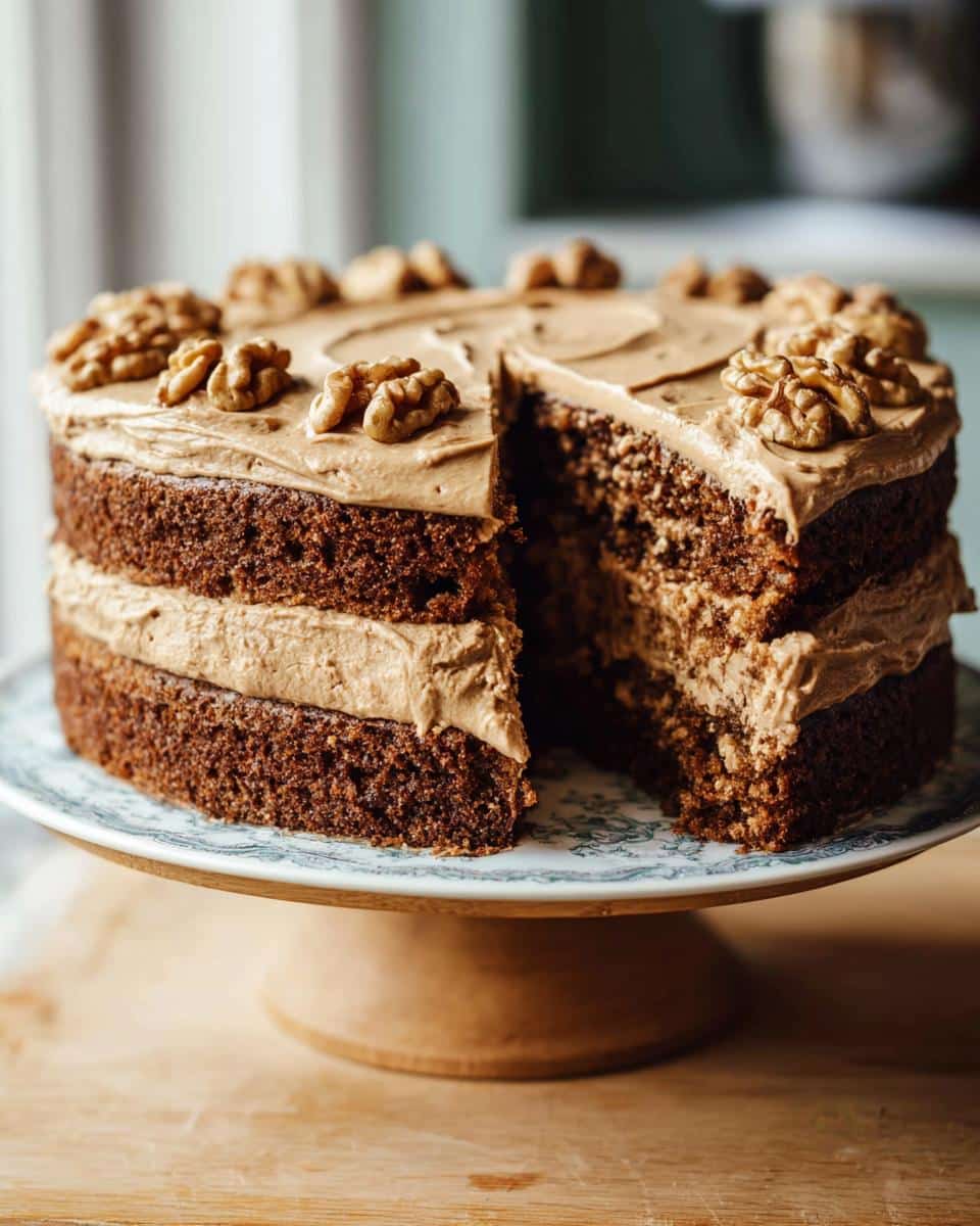 A rich, two-layer Thermomix Coffee Walnut Cake with coffee buttercream frosting and whole walnuts on top.