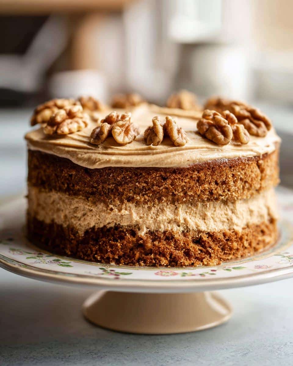 A two-layer Thermomix Coffee Walnut Cake frosted with coffee buttercream and topped with whole walnuts.