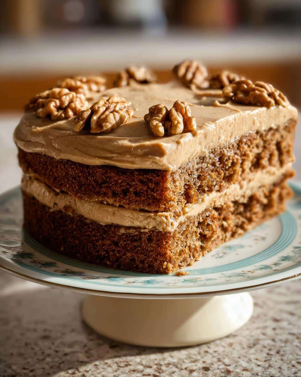 A close-up slice of rich Thermomix Coffee Walnut Cake with coffee buttercream and whole walnuts on top.