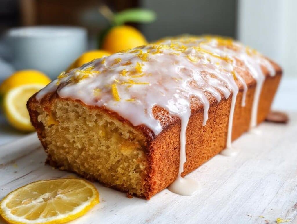 A moist Thermomix Lemon Loaf with a thick white glaze drizzled over the top and sprinkled with zest.