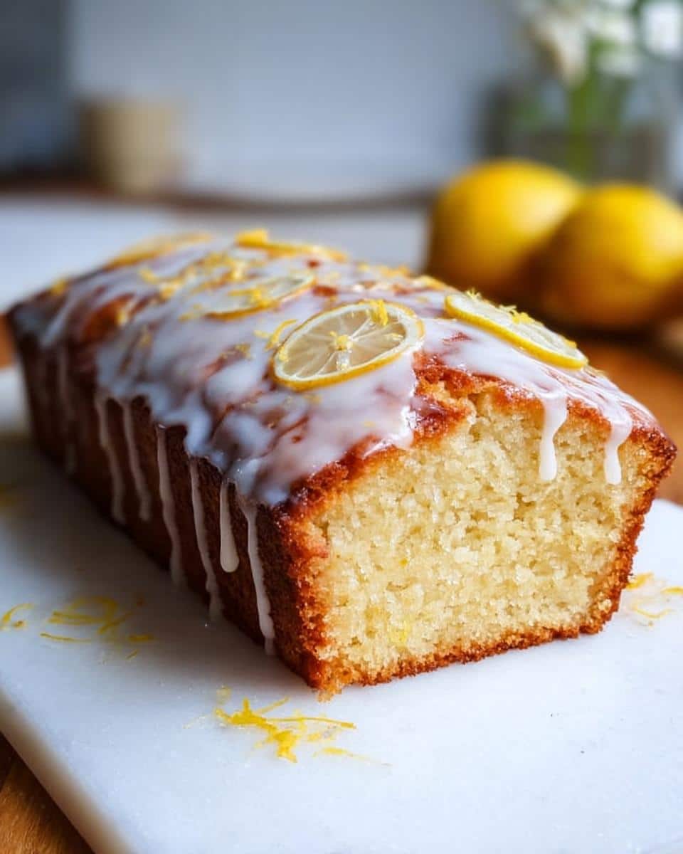 A close-up of a moist Thermomix Lemon Loaf with thick white glaze and lemon slice garnishes.