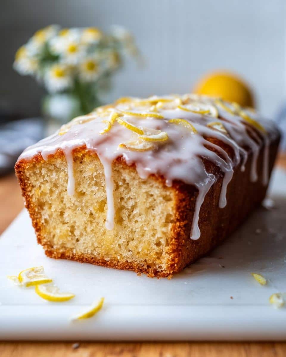 A close-up of a moist Thermomix Lemon Loaf with thick white glaze dripping down the sides and topped with candied lemon slices.