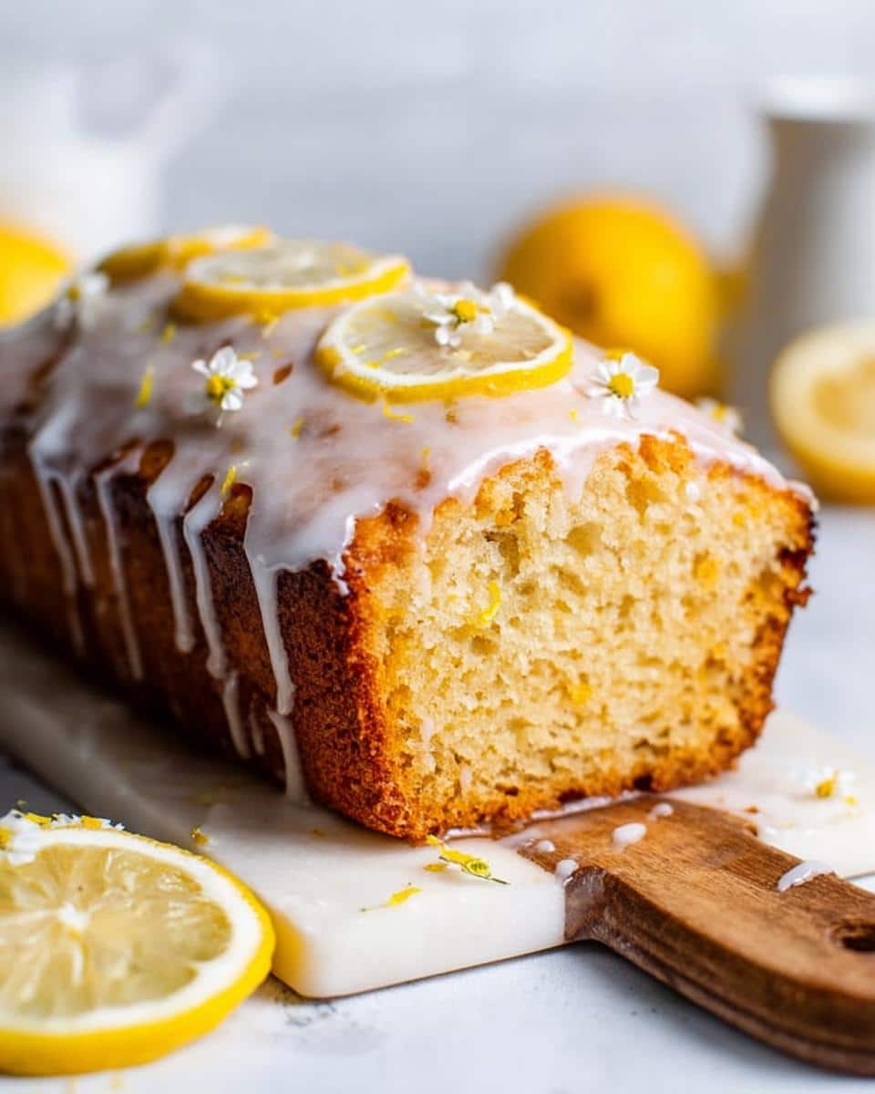 A close-up of a moist Thermomix Lemon Loaf with thick white glaze, lemon slices, and small flowers.
