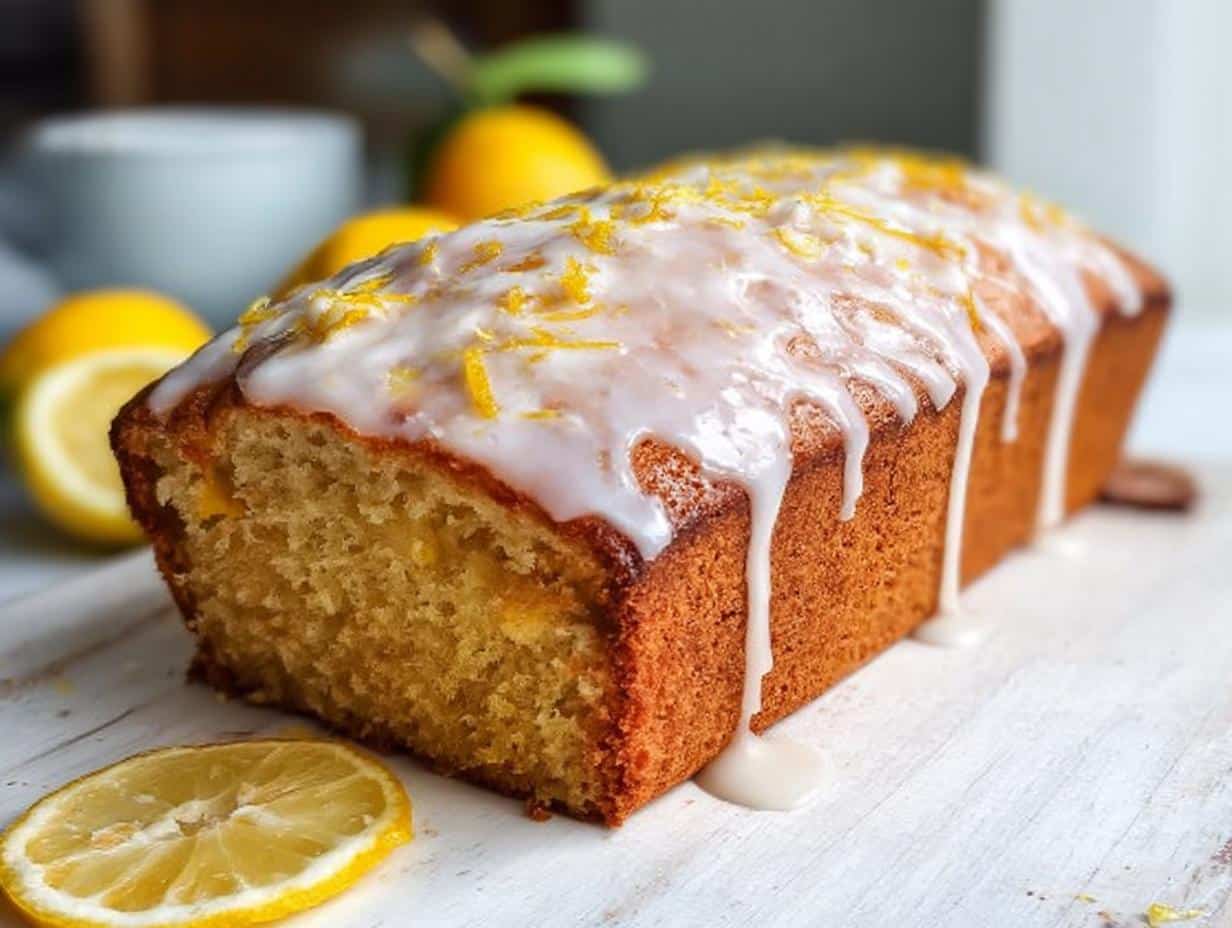 A moist Thermomix Lemon Loaf with a thick white glaze drizzled over the top and sprinkled with zest.