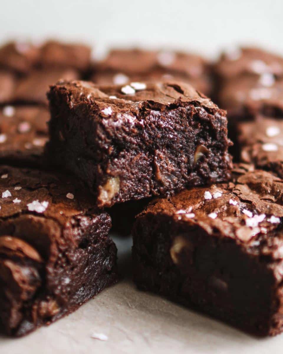 Close-up of fudgy Thermomix Mocha Walnut Butter Brownies squares topped with flaky sea salt.