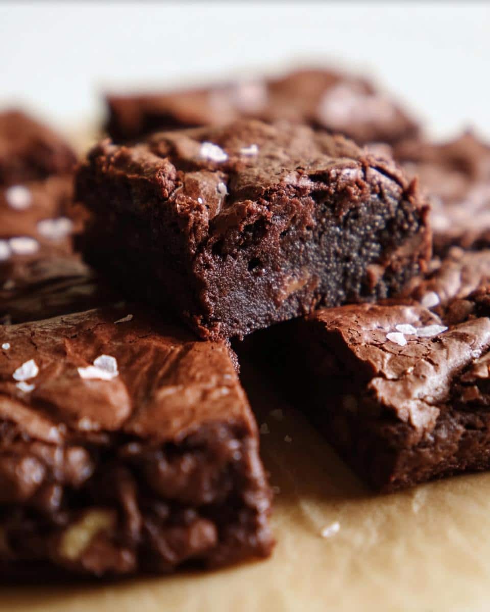 Close-up of fudgy Thermomix Mocha Walnut Butter Brownies topped with flaky sea salt.