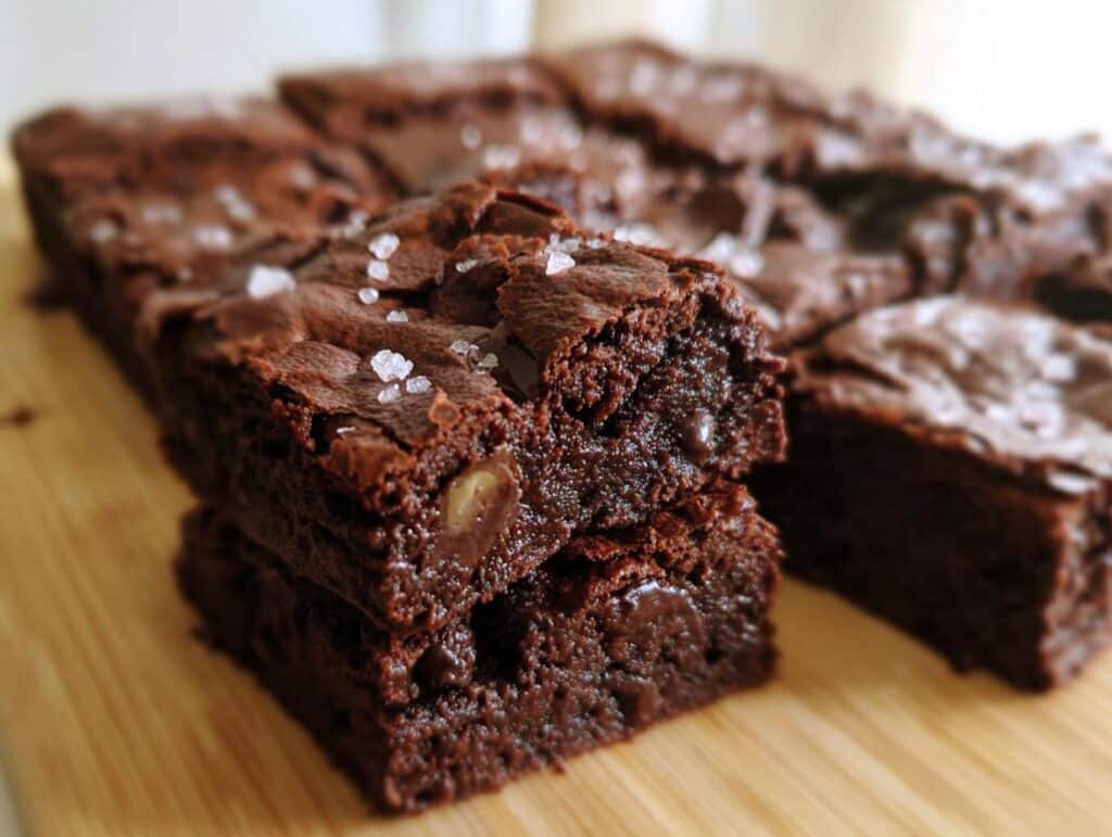 Close-up of rich, fudgy Thermomix Mocha Walnut Butter Brownies stacked and sprinkled with sea salt.