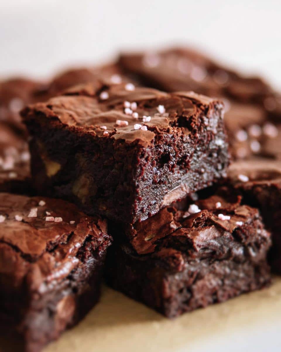 Close-up of rich, fudgy Thermomix Mocha Walnut Butter Brownies topped with flaky sea salt.