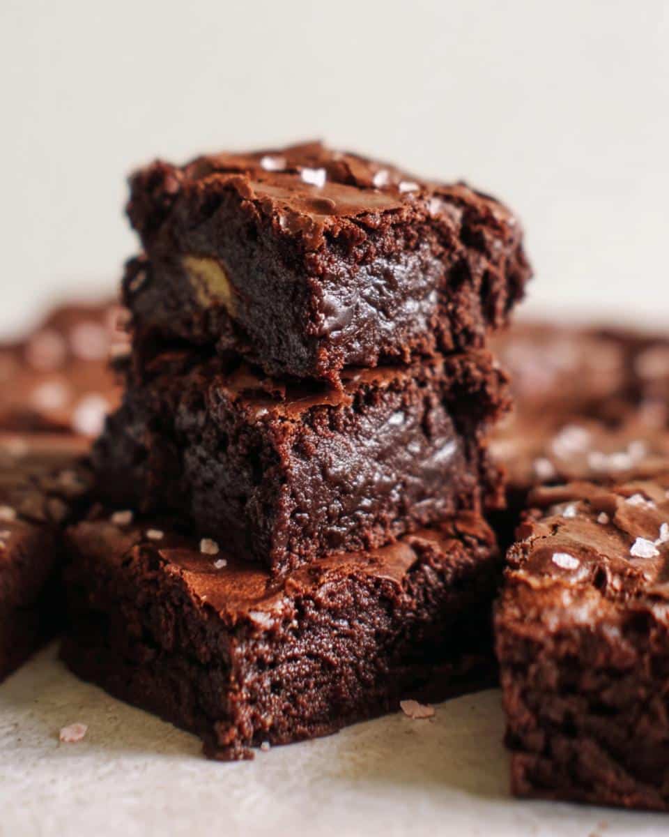 Stack of three fudgy Thermomix Mocha Walnut Butter Brownies topped with flaky sea salt.