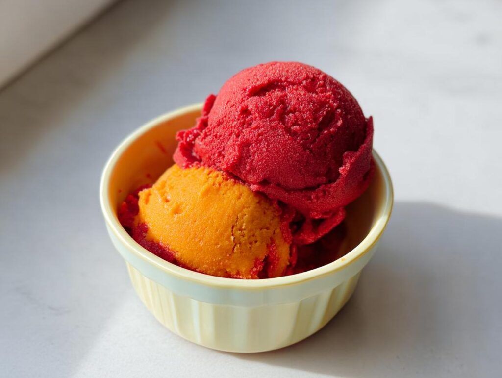 Two scoops of vibrant Thermomix Raspberry Mango Sorbet, one red and one orange, served in a small yellow bowl.