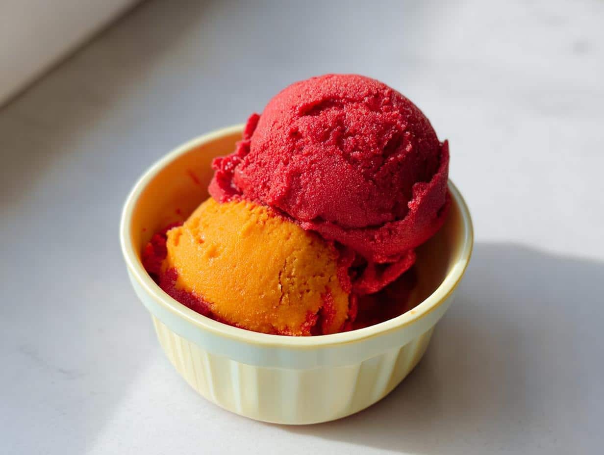 Two scoops of vibrant Thermomix Raspberry Mango Sorbet, one red and one orange, served in a small yellow bowl.